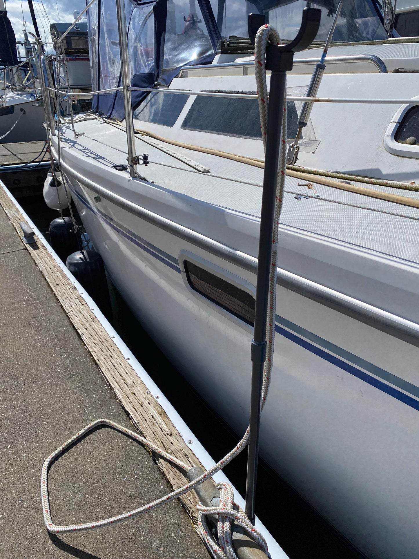 It holds your Dock Line for you.  Ideal for solo or short handed boaters.  Cleat Mounted Dock Buddie is intended for locations that forbid screwing into the dock.