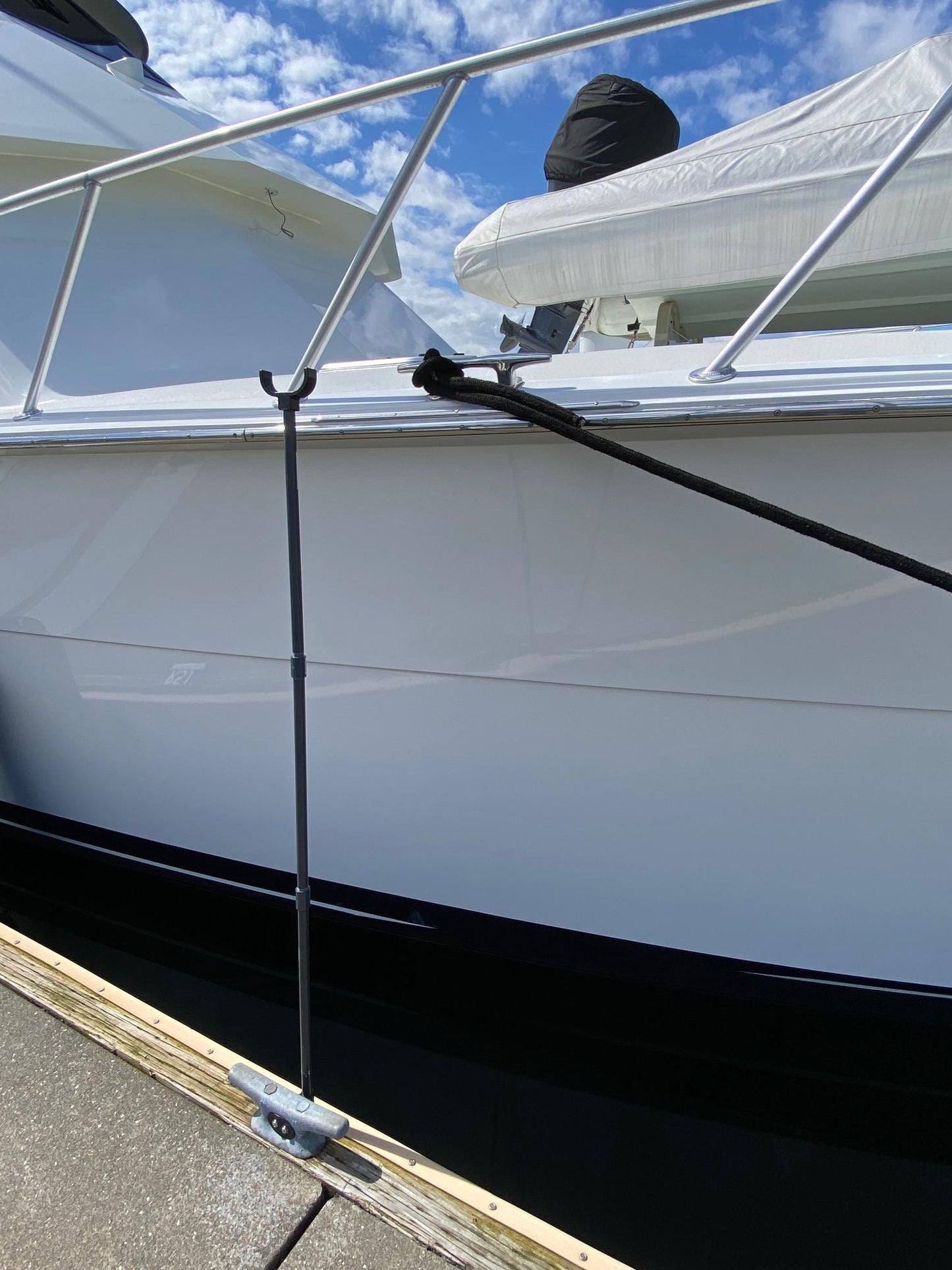 It holds your Dock Line for you.  Ideal for solo or short handed boaters.  Cleat Mounted Dock Buddie is intended for locations that forbid screwing into the dock.