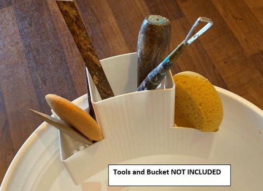 Pottery Tool Holder.-  Attaches to standard 2, 3 or 5 gal buckets.  Rinse tools in bucket, place in holder to drip dry into bucket.